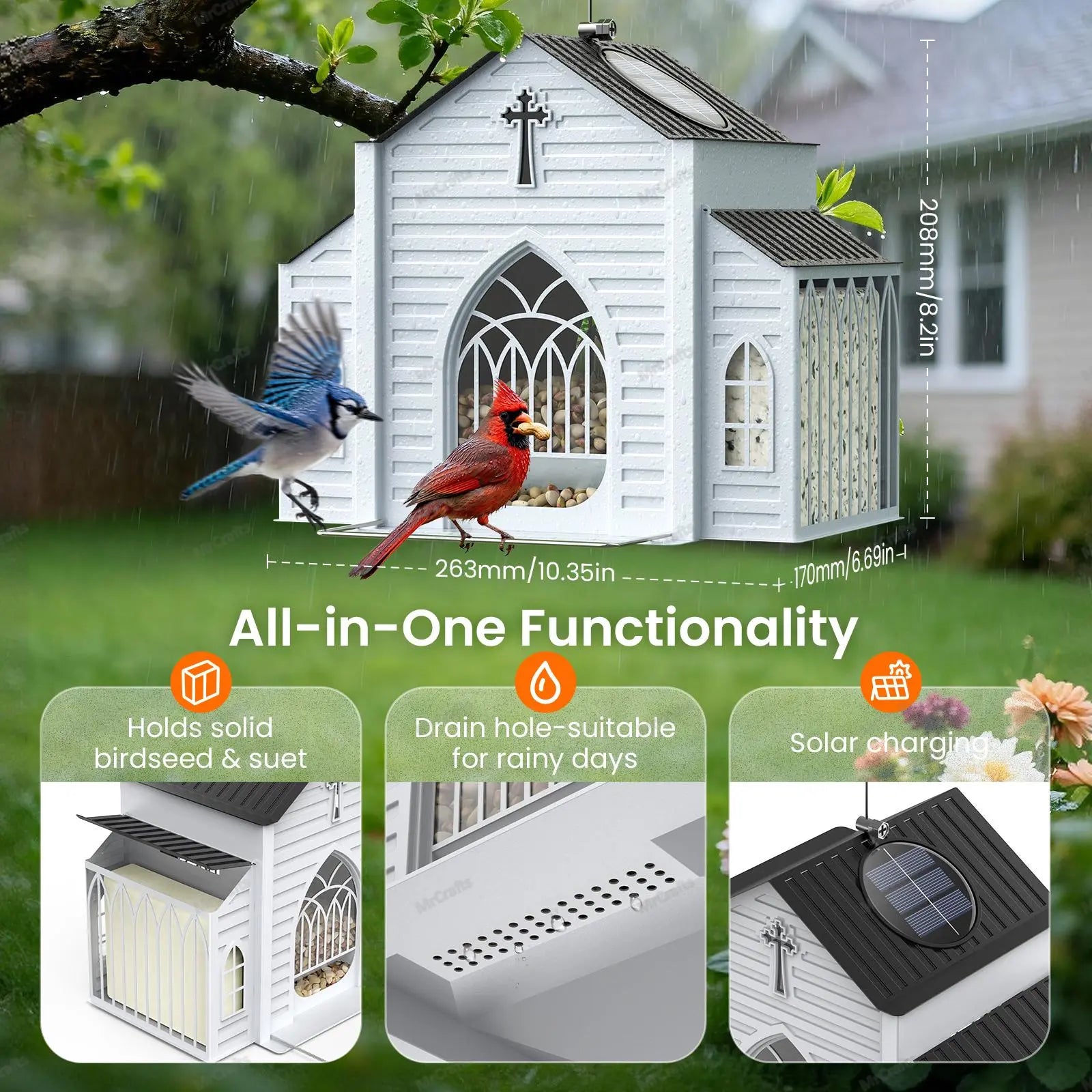 Mrcrafts Solar Church-Shaped Metal Bird Feeder - 10.35'' x 6.69'' x 8.2'', Hanging Outdoor Feeder with 4lb Capacity & Suet Design, Weatherproof Garden Decor, Ideal Gift for Christmas & Mother's Day