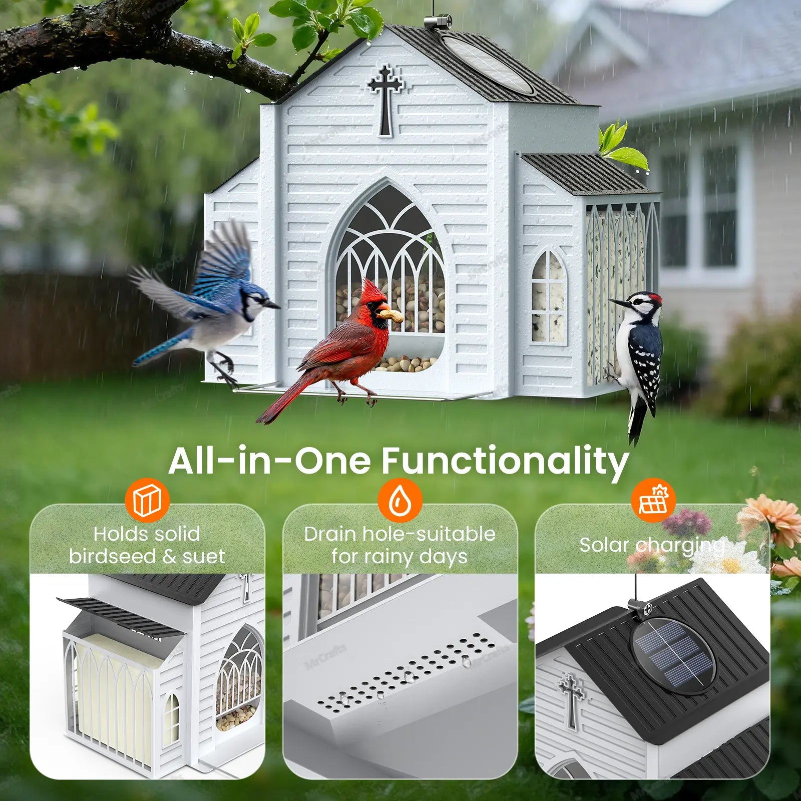 Mrcrafts Solar Church-Shaped Metal Bird Feeder - 10.35'' x 6.69'' x 8.2'', Hanging Outdoor Feeder with 4lb Capacity & Suet Design, Weatherproof Garden Decor, Ideal Gift for Christmas & Mother's Day