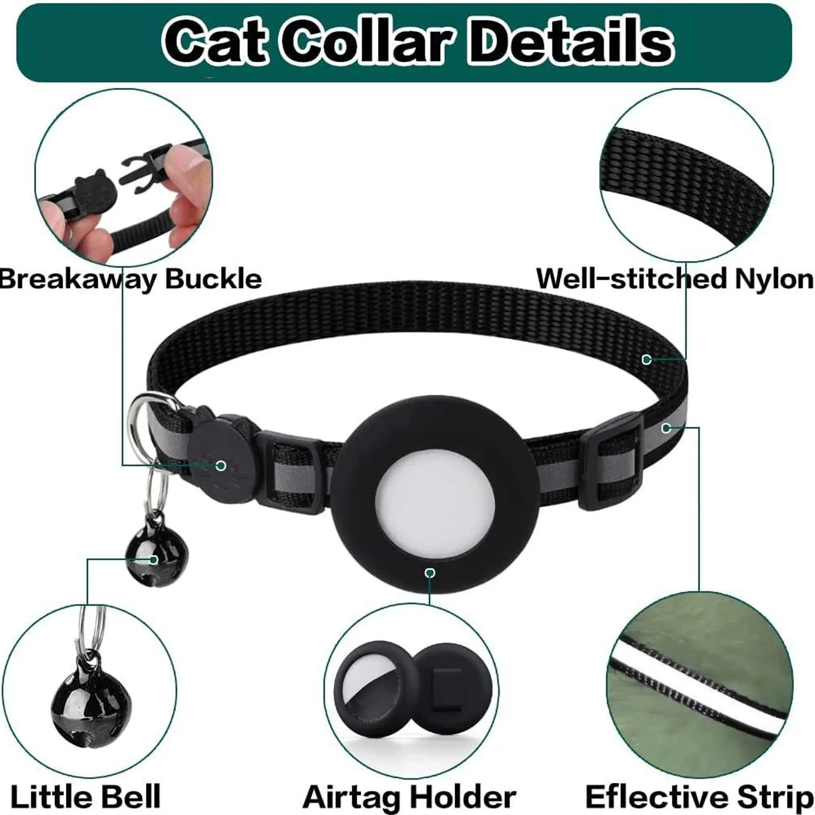 Reflective Breakaway Cat Collar with Bell and GPS Tracker, Adjustable 0.4’’ Width for Kittens and Adult Cats
